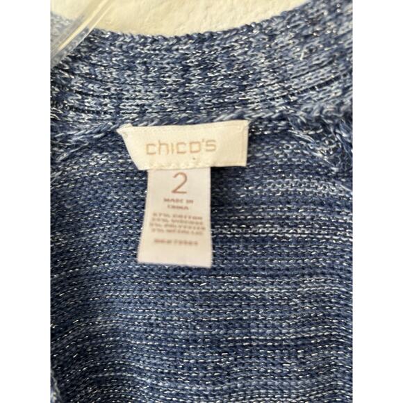 Chicos Blue Metallic Silver Cassia Knit Longer Open Front Cardigan Sz Large (2) - Picture 4 of 4